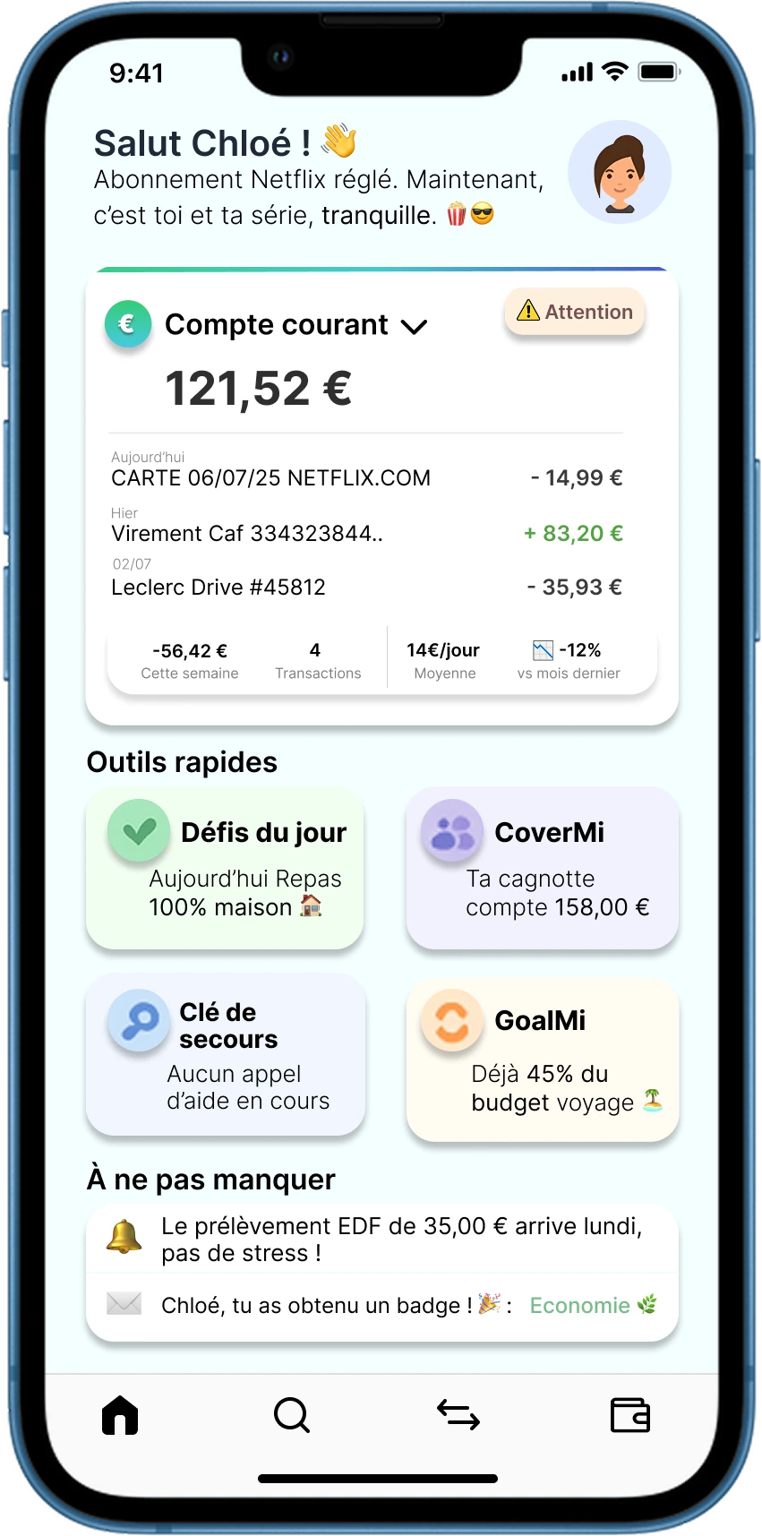 Capture d'écran de l'application SaveMi montrant le tableau de bord
